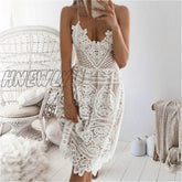 Hnewly Sexy Deep V Neck Backless Lace Dresses Women Vintage Flroal White Summer Dress Boho Ladies